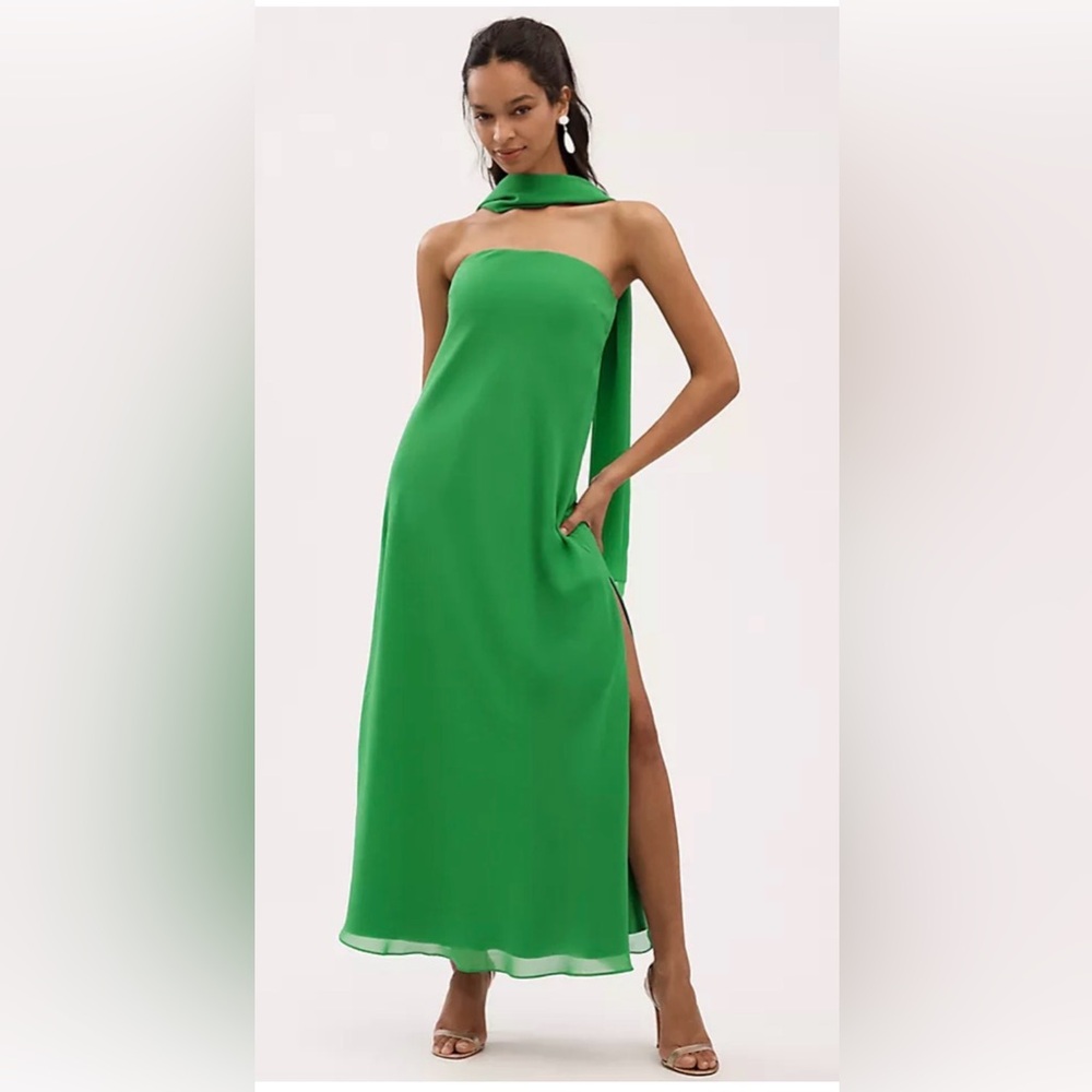 BHLDN Ella Strapless Chiffon Scarf Overlay Midi Dress Bright Green